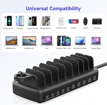 285W Charging Station for Multiple Devices, 10 Ports Fast Multi-Device Charger