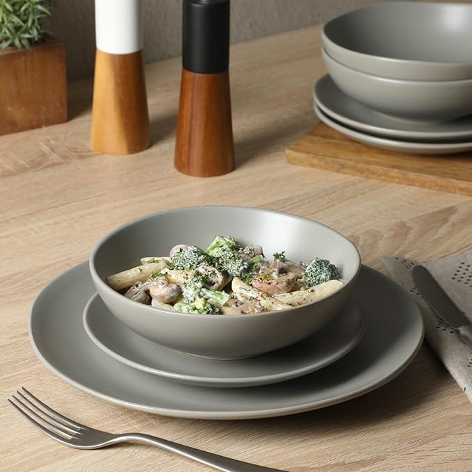 Gibson Home Bethel 18 Piece Plates and Bowls Ceramic Stoneware Organic Shape Dinnerware Set (Service for 6) - Matte Grey