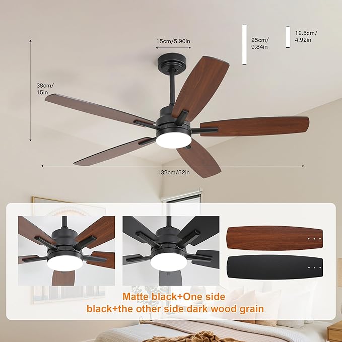 ARTPLAN 52" Ceiling Fan with Light and Remote, Noiseless DC Motor & Reversible