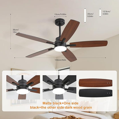 ARTPLAN 52" Ceiling Fan with Light and Remote, Noiseless DC Motor & Reversible