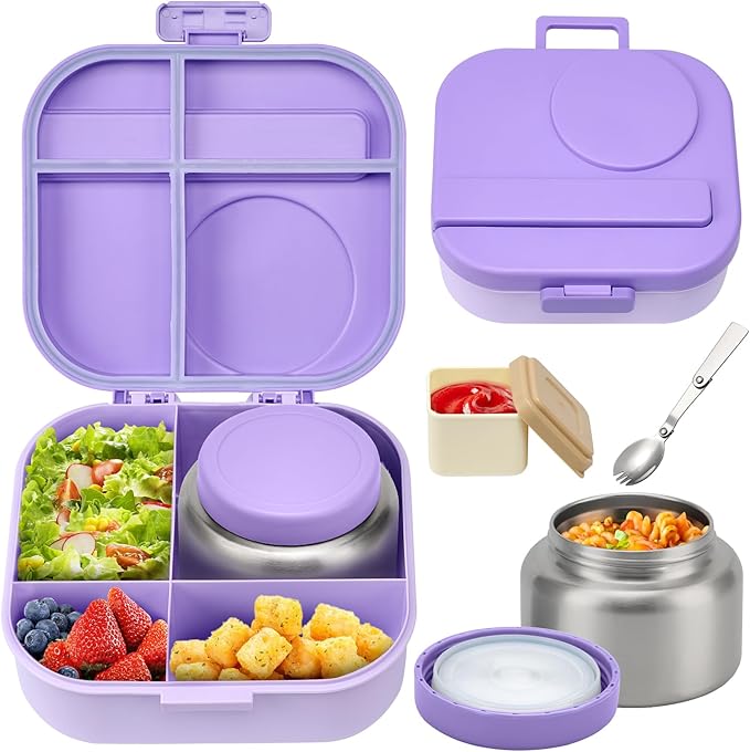 Bento Lunch Box with 12oz Soup Thermo,4 Compartments Lunch Box Containers, Spoon&Sauce Jar, BPA Free&Leak proof,Insulated Food Jar for Travel(Purple)
