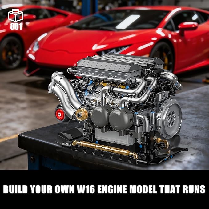 W16 Engine Building Blocks Set for Adults, STEM Mini 16-Cylinder Engine Model Kit That Runs, Compatible with Lego Car, DIY Physical Science Experiment Toy for Teens Kids Boys (801 PCS)