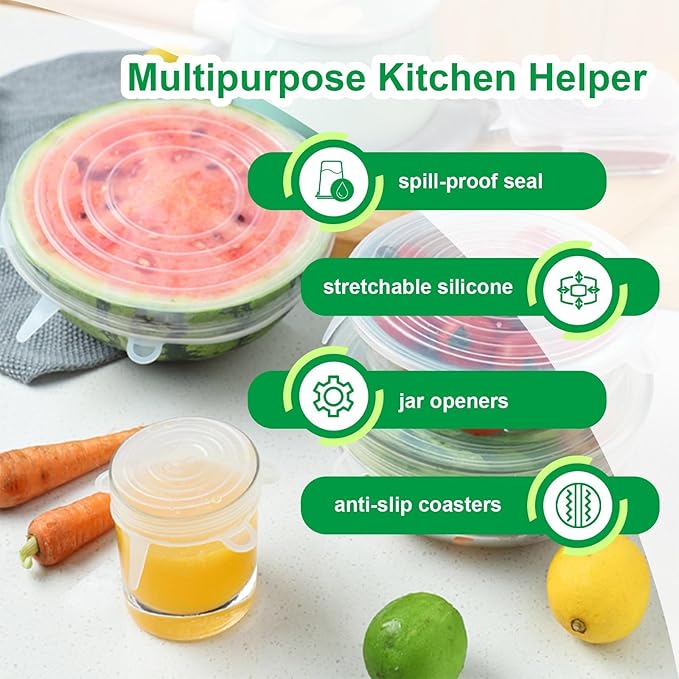 Silicone Stretch Lids – 6 Pack Reusable Food Covers, Flexible Silicone