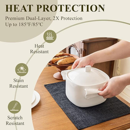 KXN Placemats Set of 6, Dual-Layer Thickened Faux Linen Table Mats, Heat Resistant & Wrinkle-Free, Machine Washable Cloth Place Mats for Kitchen Dining Indoor Outdoor (Dark Grey)