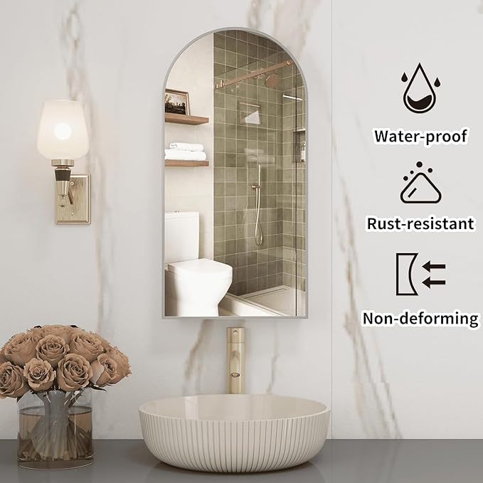 Silver Medicine Cabinet with Arched Mirror, Left or Right Opening, Mirrored