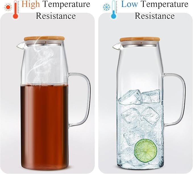 Hsei 2 Sets Glass Pitcher with Lid, 67.6 oz / 2000 ml Water Carafe with Handles