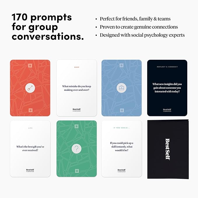 BestSelf Icebreaker Card Deck – 170 Conversation Starters to Spark Meaningful Connections | Ice Breaker Game for Adults, Friends & Couples | Date Night, Team Building & Family Card Game