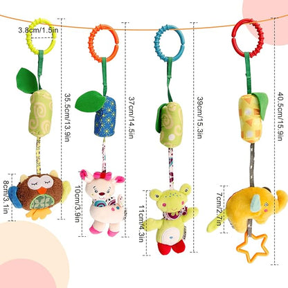 4 Packs Baby Stroller Toys Car Seat Hanging Bell for Boys Girls,Adorable Animal Infant Play Music Crib Toy Carseat Rattles Educational Toys,Kids Hand Bell Puppet with Cute Wind Chime and Squeak