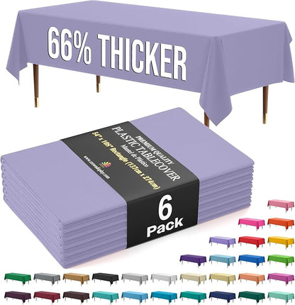 Exquisite 66% Thicker Premium Plastic Table Cloth Rectangle Table Cover 0.5 Mil 6 Pack Lavender Table Cloth 54 Inch x 108 Inch Disposable Tablecloth Won't Tear Easily Like Cheap Thin Brands