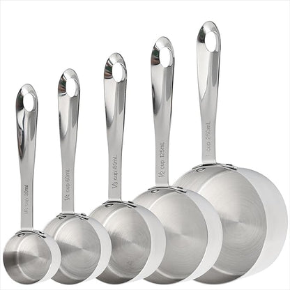 Measuring Cups Set of 5, Stainless Steel Measuring Cups Set, Kitchen Measuring Cup Set, Metal Measuring Spoons for Baking, Dry Measuring Cups, Heavy Duty Measurement Cups with 1/8 Measure Cup
