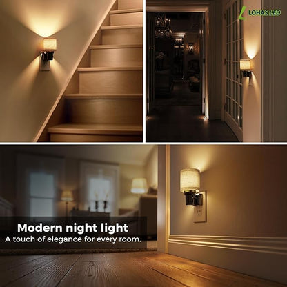 L LOHAS LED Night Lights Plug into Wall, 2 Pack Linen Fabric Cylinder Decor
