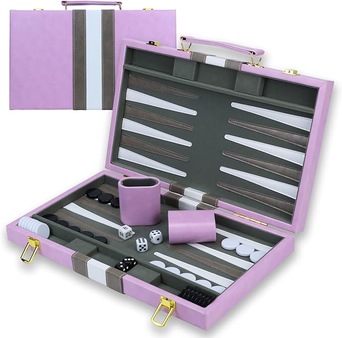 Backgammon Sets for Adults, 15 inch Backgammon Purple Sets Classic Board Game with Premium Leather Case, Portable Travels Strategy Backgammon Game Set for Adults, Kids (Purple)