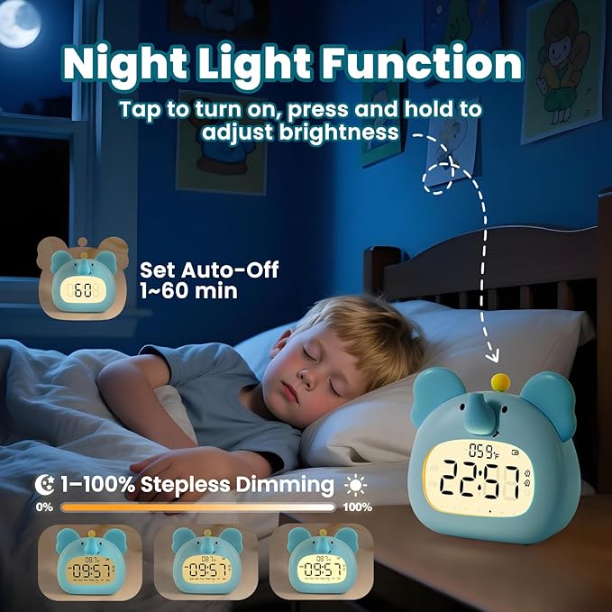 Elephant Alarm Clock with Night Light for Kids – Cute Digital Sleep Trainer with LED Display, 3 Alarms, Countdown Timer, Adjustable Brightness – Rechargeable Bedside Clock for Boys and Girls