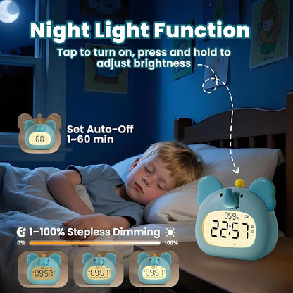 Elephant Alarm Clock with Night Light for Kids – Cute Digital Sleep Trainer with LED Display, 3 Alarms, Countdown Timer, Adjustable Brightness – Rechargeable Bedside Clock for Boys and Girls