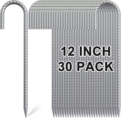 Rebar Stakes 12 Inch, 30 Pack Galvanized Metal Tent Stakes Heavy Duty Ground Stakes, J Hook Steel Fence Stakes for Ground, Outdoor Decoration, Wire Fencing, Gardening