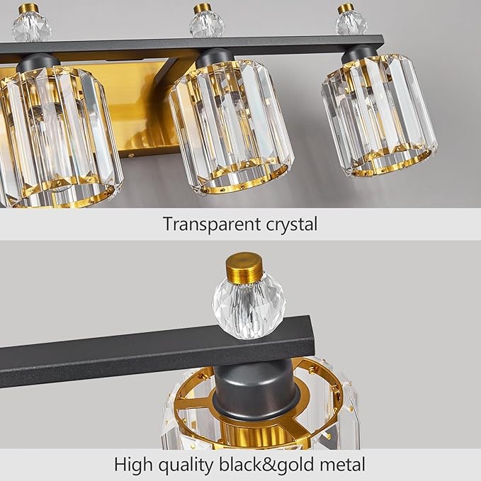 FDPBY Bathroom Vanity Lights 3-Light Sand Black Gold Modern Crystal Vanity