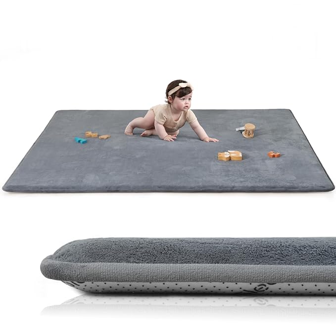Baby Play Mat for Floor,Extra Large 79"×118" Tummy Time Mat,Thicker Memory Foam Mats for Toddler,Infant,Kids,Water Repellent Ultra Soft Coral Velvet,Non-Slip Backing Safe for Crawling(Dark Grey)
