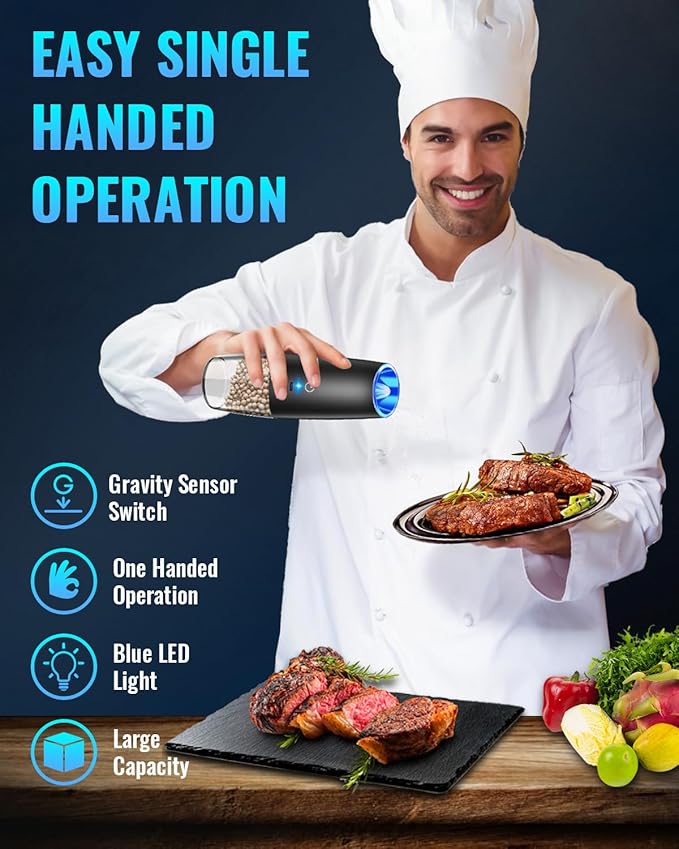 Rechargeable Pepper and Salt Grinder Set, whit Gravity Sensing Switch and LED