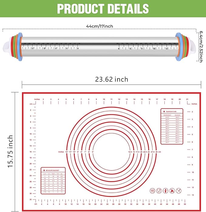 Rolling Pin with Adjustable Thickness Rings and Silicone Baking Pastry Mat Set