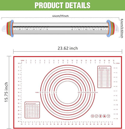 Rolling Pin with Adjustable Thickness Rings and Silicone Baking Pastry Mat Set