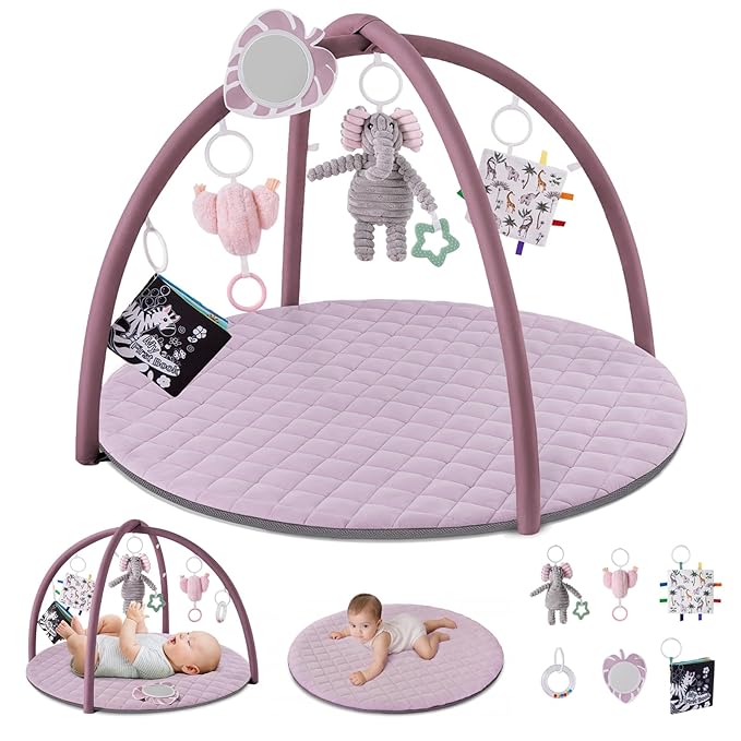 Blissful Diary Baby Play Gym Mat, Tummy Time Activity Mat with 6 Detachable Toys for Stage-Based Sensory & Motor Skill Development, Easy to Install & Clean, Baby Essentials Gift, Lavender Pink