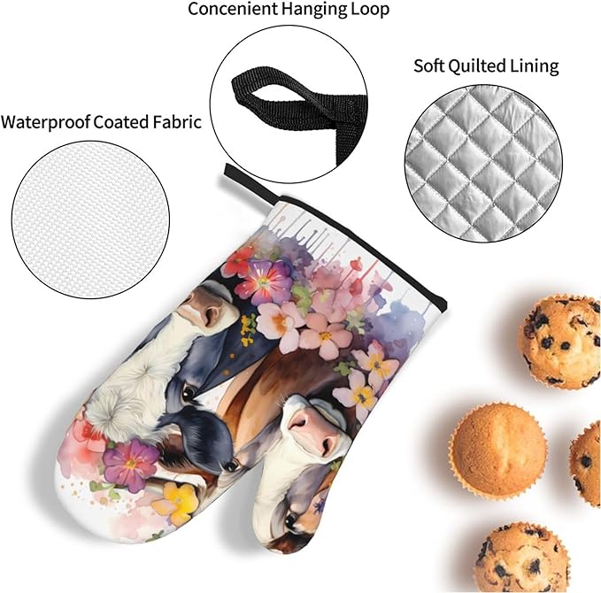 Watercolor Cows Oven Mitts and Pot Holders Sets Daisy Flower Kitchen Oven