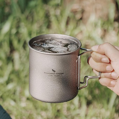Titanium Coffee Mug Titanium Pots Titanium Cup with Foldable Handle Outdoor Camping Water Mug Tableware 14.3oz/420ml Ti1518B