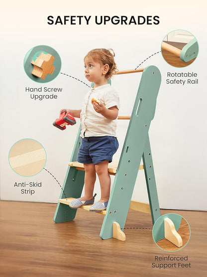 GROWNSY Foldable Step Stool Toddler Tower, Toddler Kitchen Stool Helper, Collapsible Kids Standing Learning Tower with 3 Adjustable Heights and Safety Net for Kitchen Bathroom Sink Counter (Green)