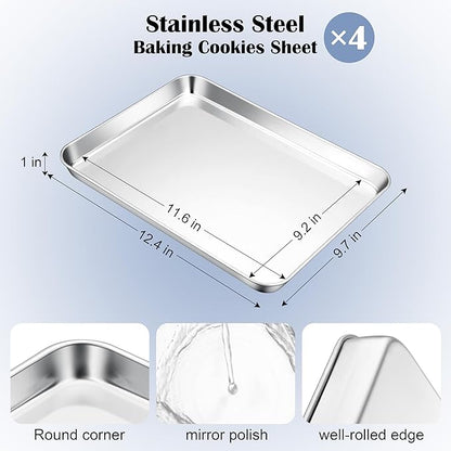 E-far Stainless Steel Baking Sheets Set of 4, 12.4” x9.7” Baking Cookie Sheets