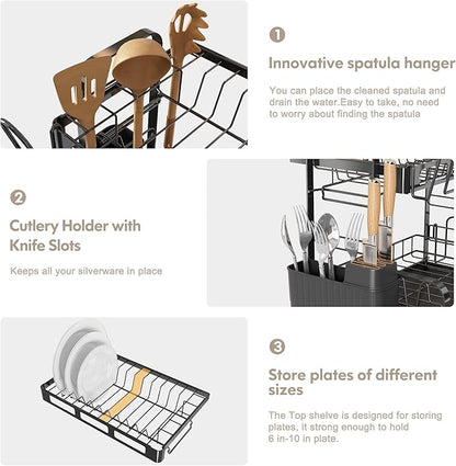 BOOSINY Dish Drying Rack, 2 Tier Large Stainless Steel Black Dish Rack