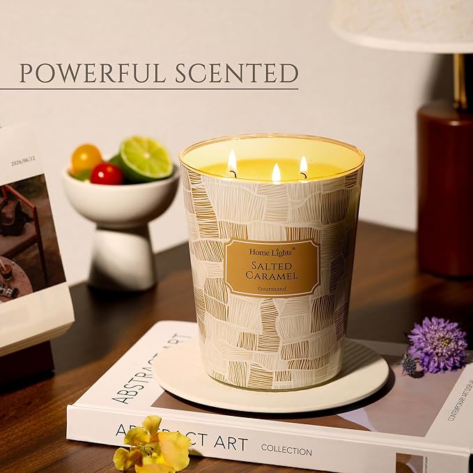 HomeLights Large jar Candle | 3-Wick Long-Lasting Scented Candles, 34oz Natural Soy Wax Candle for Home Scented, Rustic Modern Gifts for Women & Men, Salted Caramel