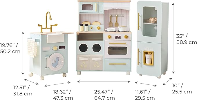 Teamson Kids Little Chef Savannah Wooden Montessori Pretend Play Kitchen for Toddlers Kids Ages 3+ Modular Three-Piece Set with Sink Cart Stove & Fridge for Boys and Girls Playset, Green