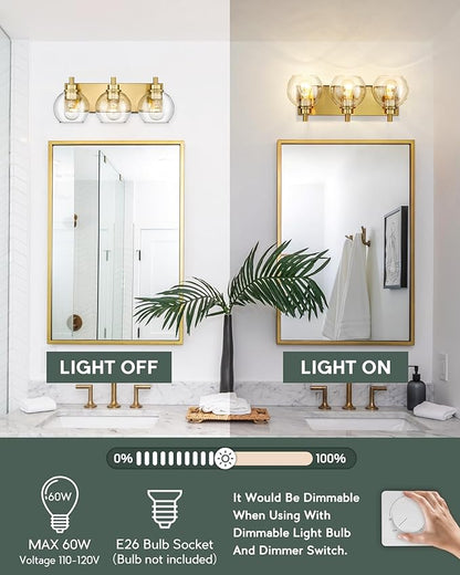 METWET Bathroom Light Fixtures, 3-Light Brushed Gold Vanity Light, Modern Wall