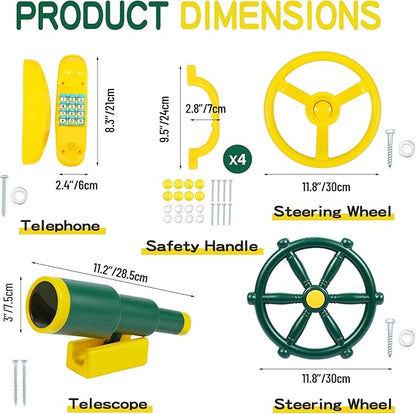RedSwing Playground Accessories for Kids, Outdoor Playground Attachments with 2 Pirate Ship Wheel, Toy Telescope, Telephone and Safety Handles (Yellow and Green)