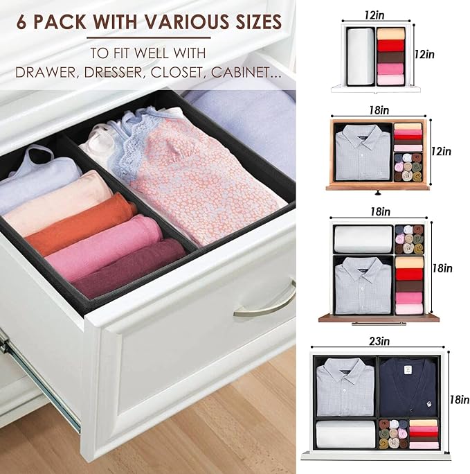 Criusia 6 Pack Clothes Drawer Organizer Dividers, Fabric Foldable Closet