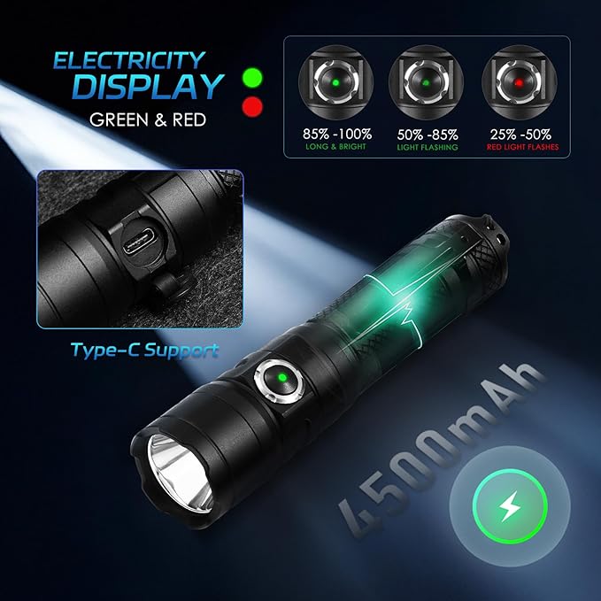 Tactical Flashlight with Holster for Duty Belt, 1300 High Lumen Police Flashlight - 6 Mode Rechargeable LED Flashlight for Camping/Law Enforcement FG10(Black)