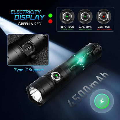 Tactical Flashlight with Holster for Duty Belt, 1300 High Lumen Police Flashlight - 6 Mode Rechargeable LED Flashlight for Camping/Law Enforcement FG10(Black)