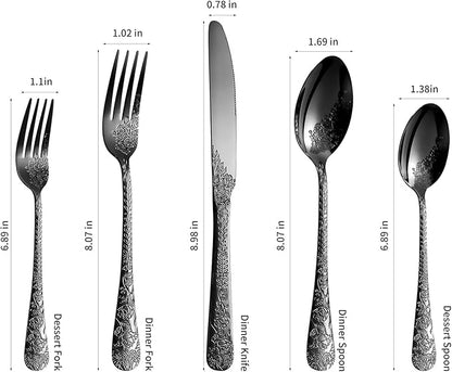 Floral 40 Pcs Black Silverware Set for 8, Food Grade Stainless Steel Flatware Set with Rose Flower Embossed Design, Eating Utensils Sets Include Fork/Knife/Spoon, Reusable Cutlery Set, Dishwasher Safe
