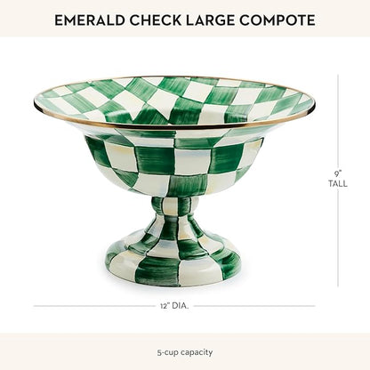MACKENZIE-CHILDS Enamel Compote, Cute Enamel Pedestal Serving Dish or Decorative Bowl, Large, Green-and-White Emerald Check