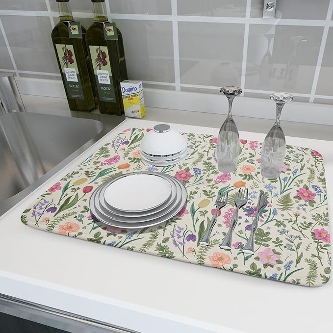 Spring Floral Dish Drying Mat for Kitchen Counter 18x24 Pink Sage Green Flower