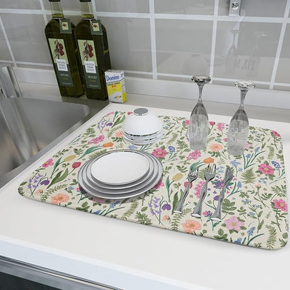 Spring Floral Dish Drying Mat for Kitchen Counter 18x24 Pink Sage Green Flower