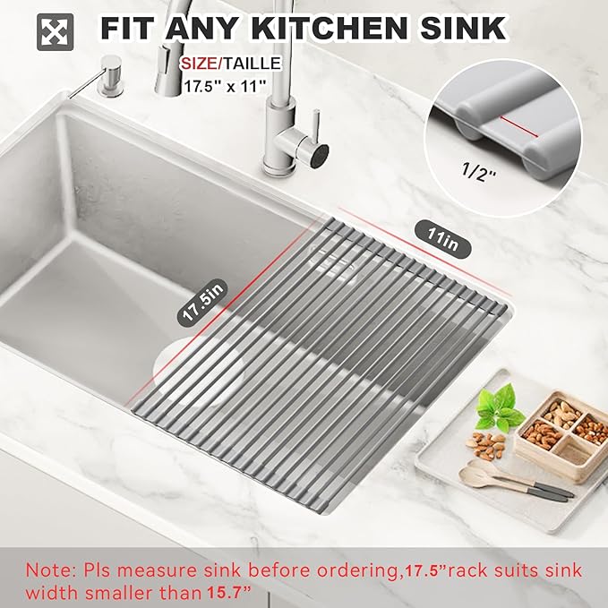 MERRYBOX Roll Up Over The Sink Dish Drying Rack Silicone Wrapped Foldable