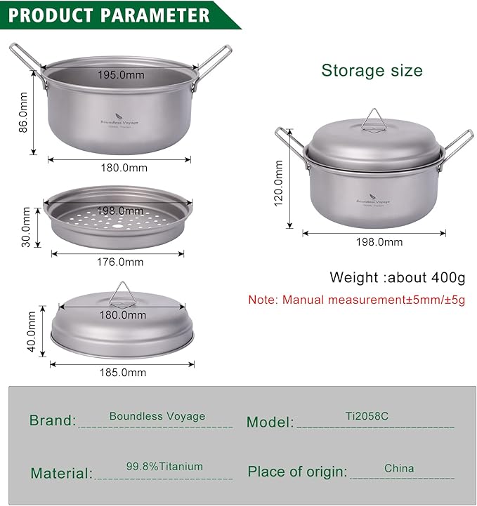 Boundless Voyage Multifunctional Titanium Steamer Pot with Frying Pan and Vented Lid Outdoor Camping Backpacking Kitchen
