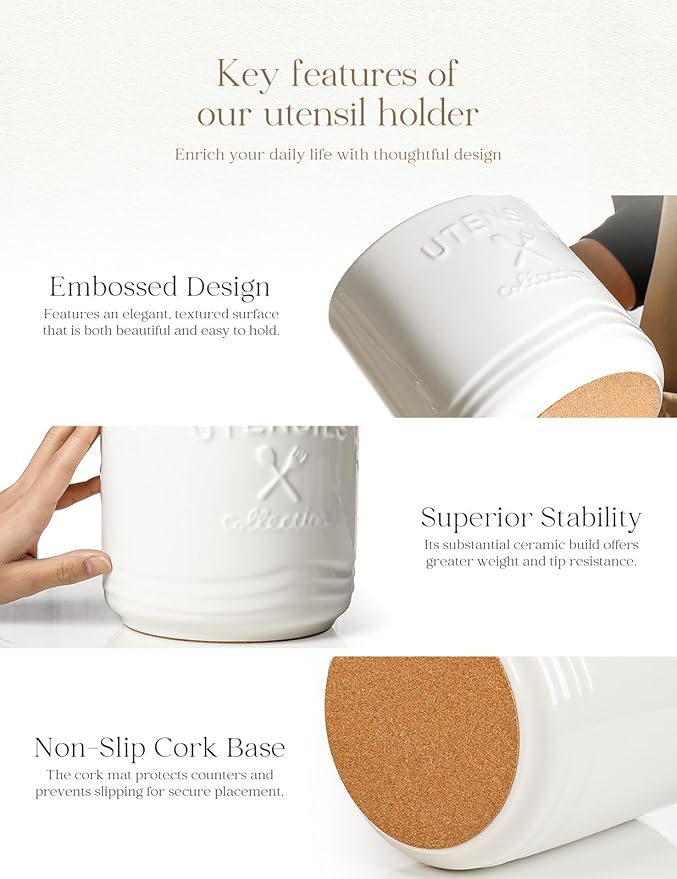AISBUGUR Large Ceramic Utensil Holder: 7.5" H×6.3" W