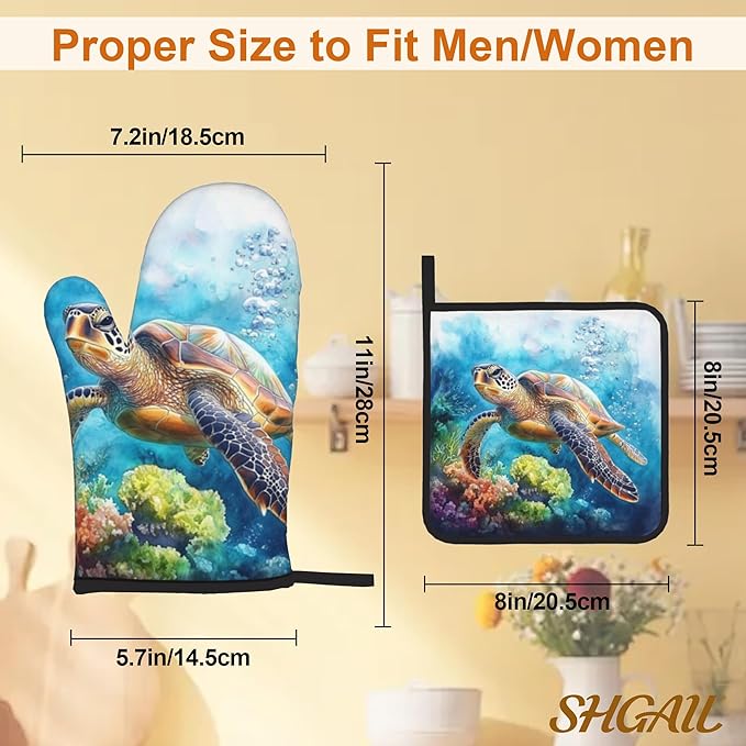 Ocean Turtle Pattern Oven Gloves and Hot Pads Set