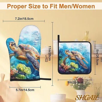 Ocean Turtle Pattern Oven Gloves and Hot Pads Set