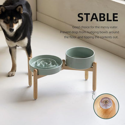 Ceramic Raised Slow Feeder Dog Bowl Set, Elevated 7.3inch Bowl and 8.2inch
