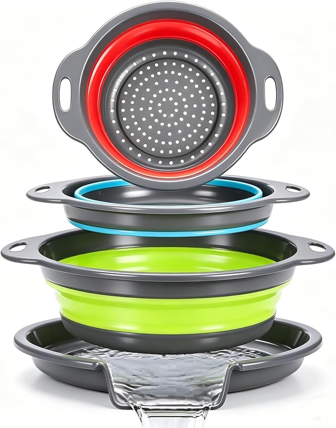 Collapsible Colander Set with Oversized Draining Tray | 3-Pack Foldable Kitchen