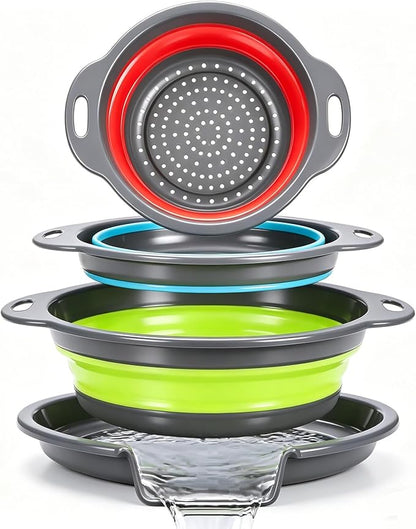 Collapsible Colander Set with Oversized Draining Tray | 3-Pack Foldable Kitchen
