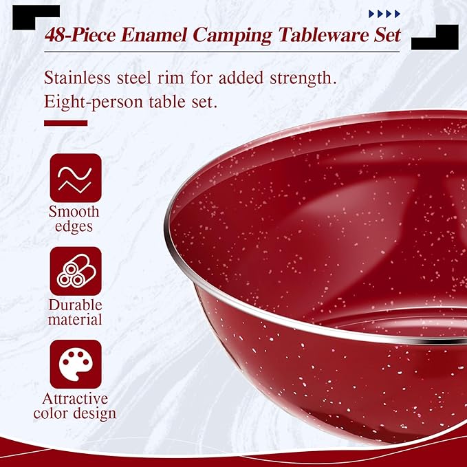 Nuogo 48-Piece Enamel Camping Dinnerware Set | Service for 8, Red